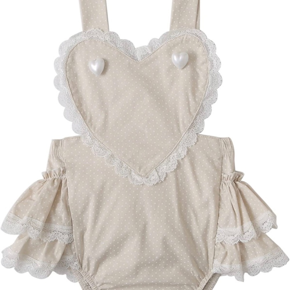 NWOT Baby Girl Ruffles Romper Lace Trim Cotton Dots Print Backless. ADORABLE!!